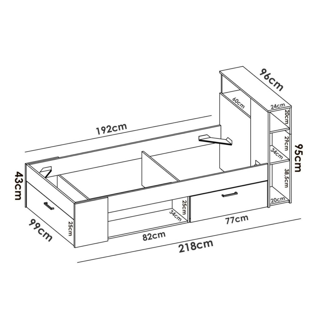 Letto per bambini Adrielle, Lettino per cameretta con testiera, Struttura per letto singolo con cassetto e scaffali, 218x99h96 cm, Bianco