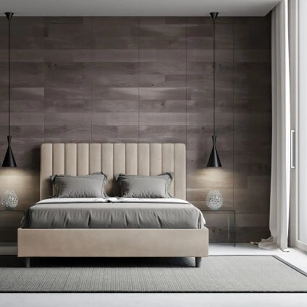 Letto matrimoniale francese contenitore imbottito 140x190 microfibra sabbia Agueda