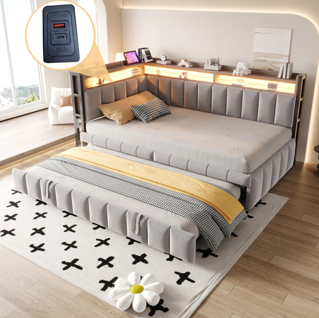 Divano letto estraibile 90x200 cm con LED, USB e Type-C