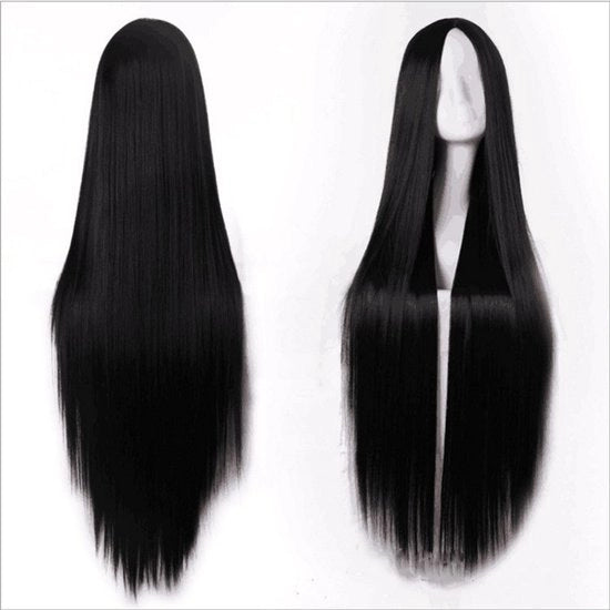 Parrucca sintetica con bordo anteriore per donne - Stile resort capelli diritti, divisione centrale nera, lunghezza 24 pollici.