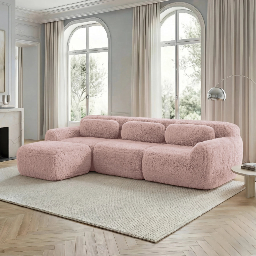 Divano Angolare Modulare ¨C Xylo ¨C Tessuto Plush, Rosa, Cuscini Inclusi