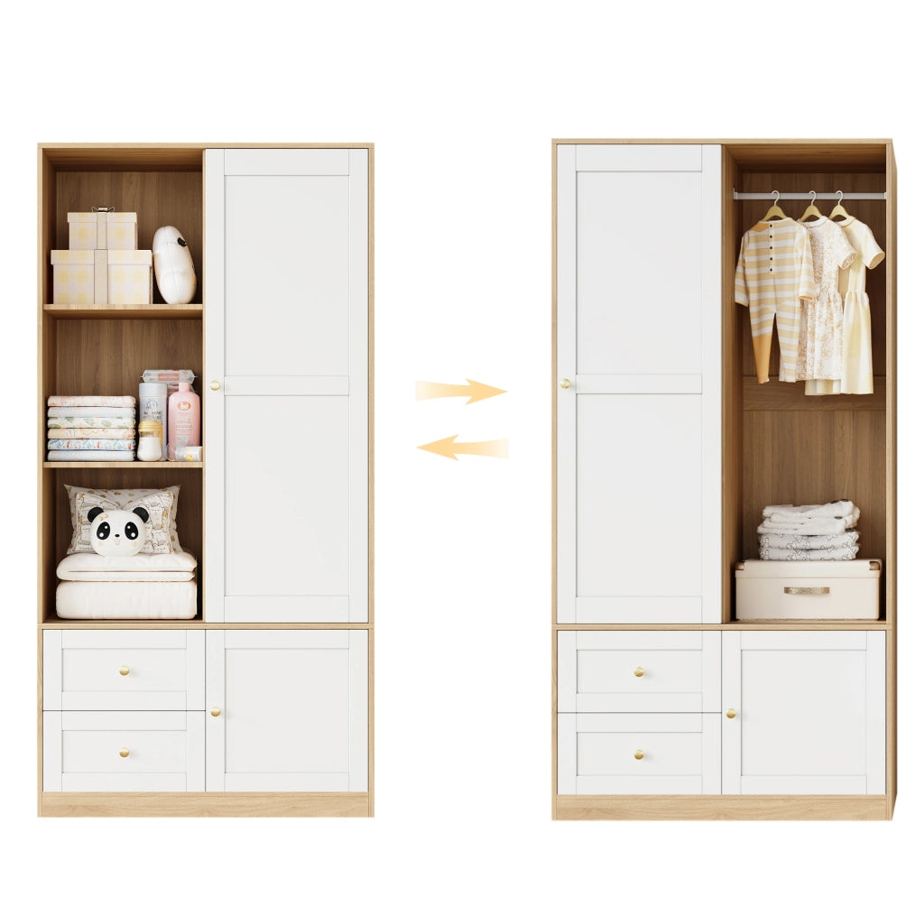 Set armadio e fasciatoio per bambino, con ante scorrevoli, ripiani, cassetti e struttura in MDF bianco effetto legno