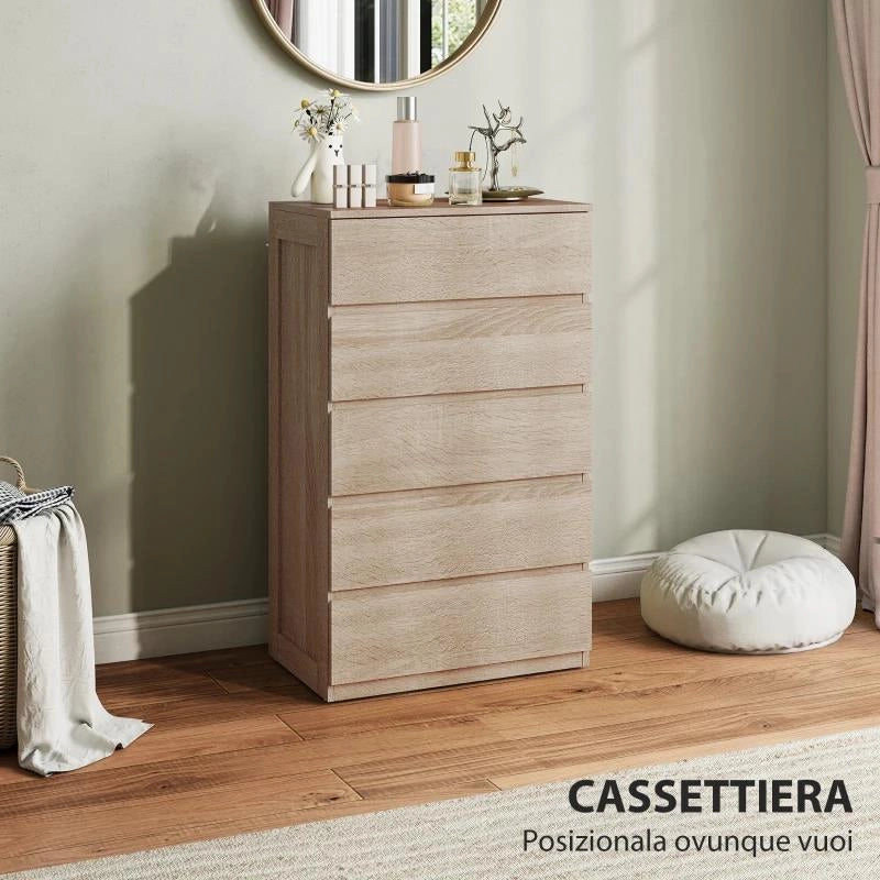 CASSETTIERA 5 CASSETTI IN LEGNO CON GUIDE IN METALLO E MANIGLIE SCANALATE, 60X39X100 CM, COLOR FAGGIO