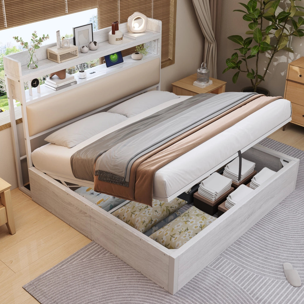 Letto Contenitore 180x200 cm; Matrimoniale - USB; Testiera con ripiano; Bianco