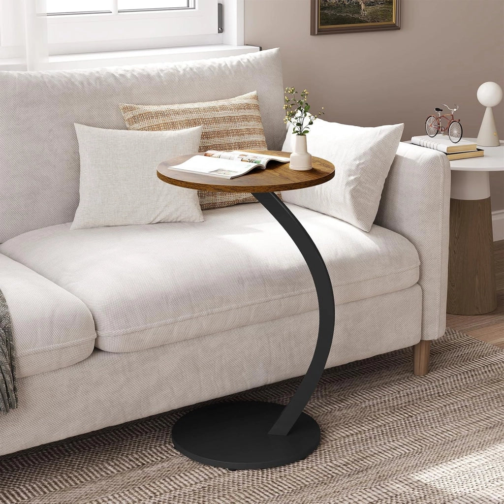 Tavolino Rotondo a Forma di C, Tavolino per Divano Letto, con Struttura in Metallo Piano in MDF, φ40xH65 cm, Nero, BTS21sz