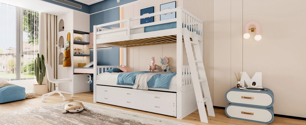 LETTO a castello 90x200 cm in pino e MDF, bianco, con letto estraibile e 3 cassetti