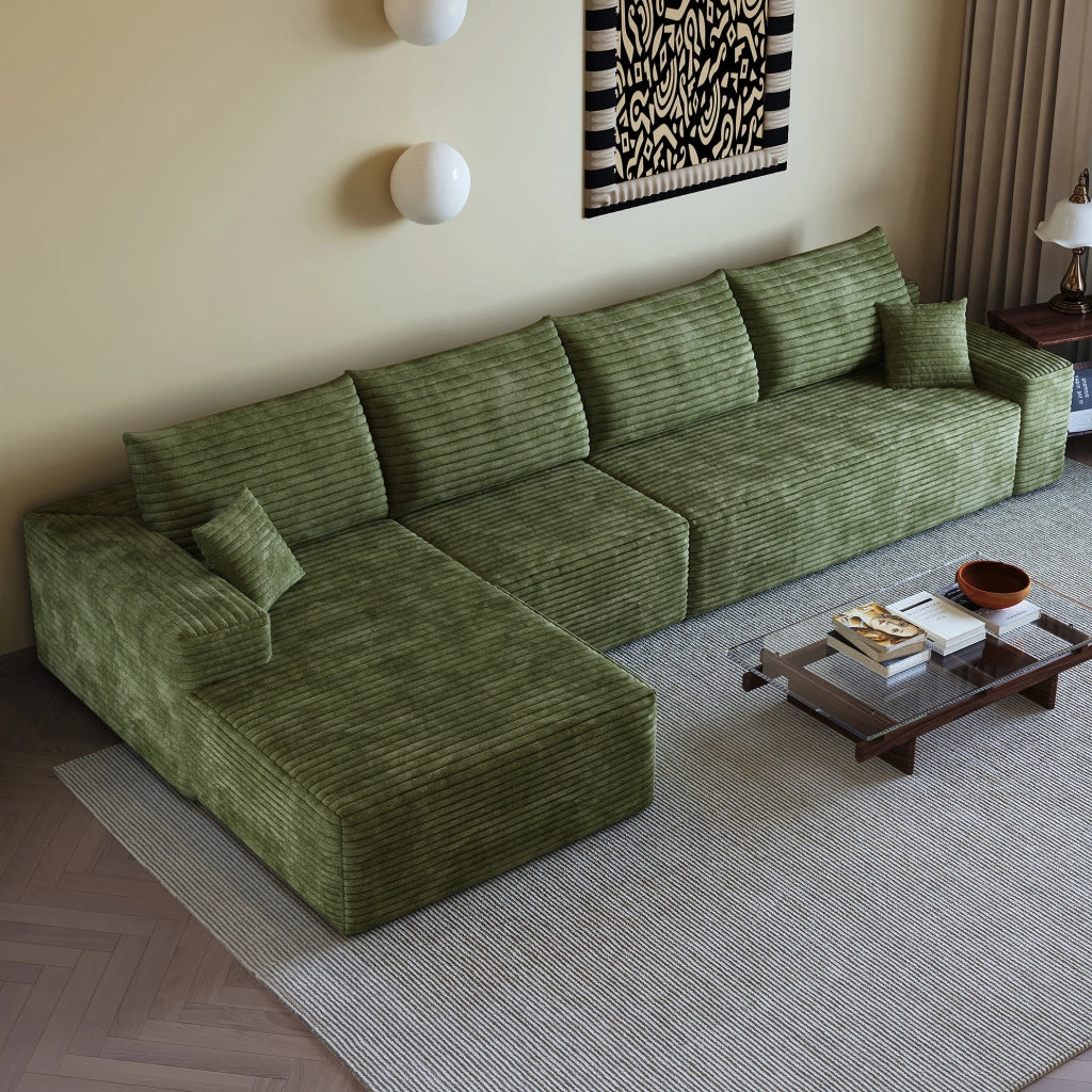 Divano angolare con chaise longue 340x175x83 cm in tessuto a coste verde
