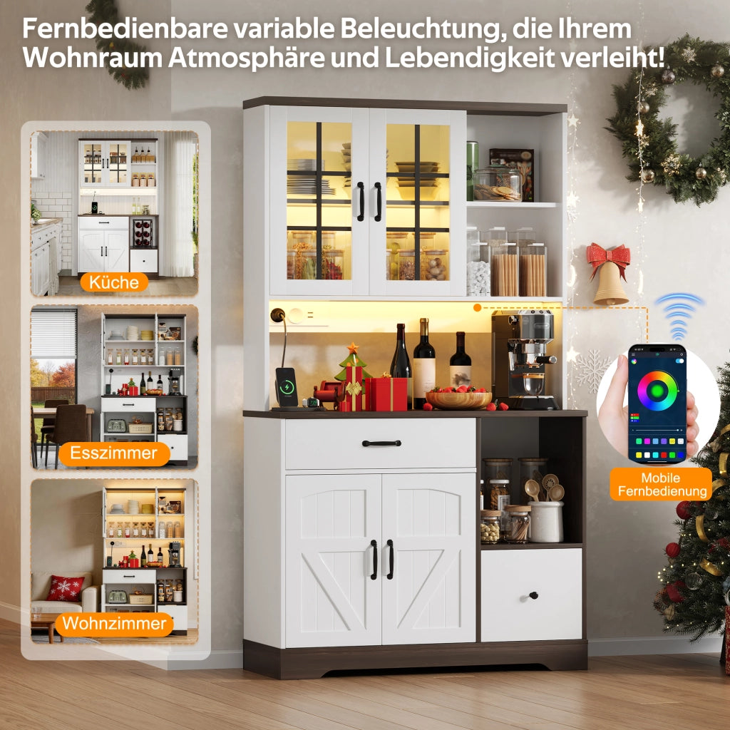 Credenza da cucina alta con ripiani regolabili, cassetti, LED APP e prese, effetto vintage, 105 × 40 × 185 cm