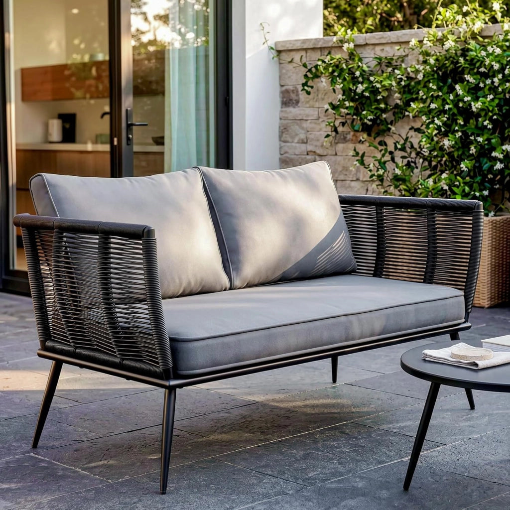 Divano in rattan a 2 posti, per balcone, nero, divano, piccolo balcone, giardino d'inverno, terrazza, mobili per interni ed esterni, resistente alle intemperie, panca con schienale