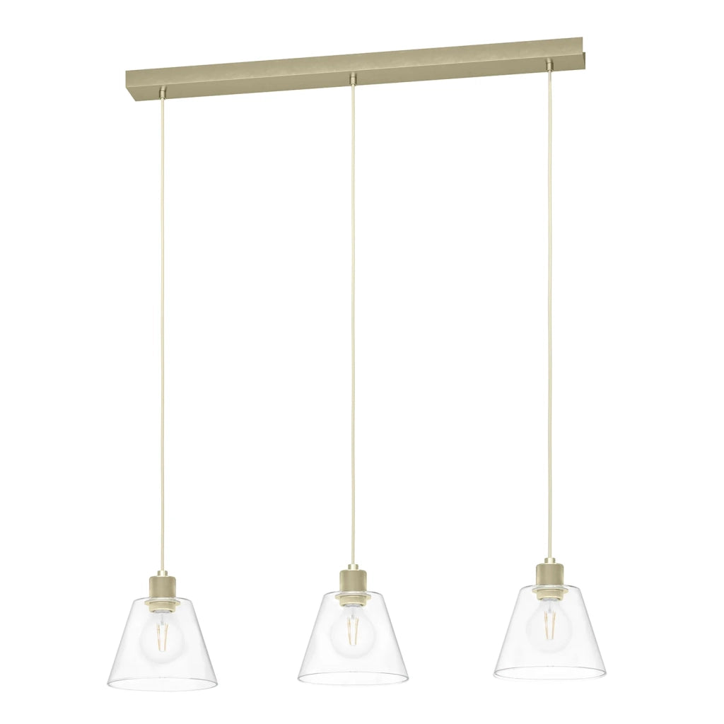 Lampadario A Sospensione Vintage Copley Acciaio Oro Vetro 3 Luci E27