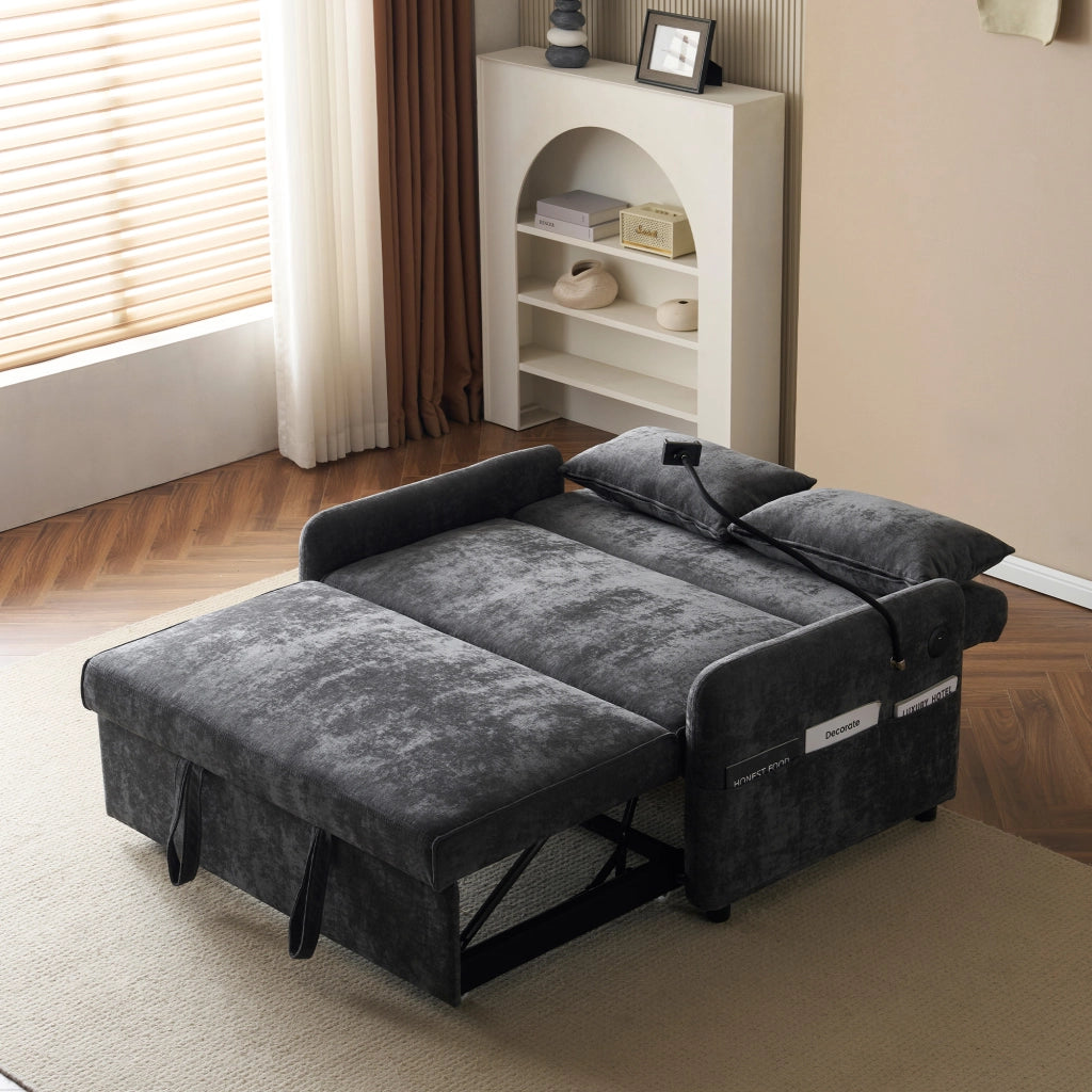 Divano Letto 2 Posti con Schienale Regolabile, USB, Supporto per Telefono e Tasche Laterali, in Ciniglia Grigio 129 × 76 × 81 cm