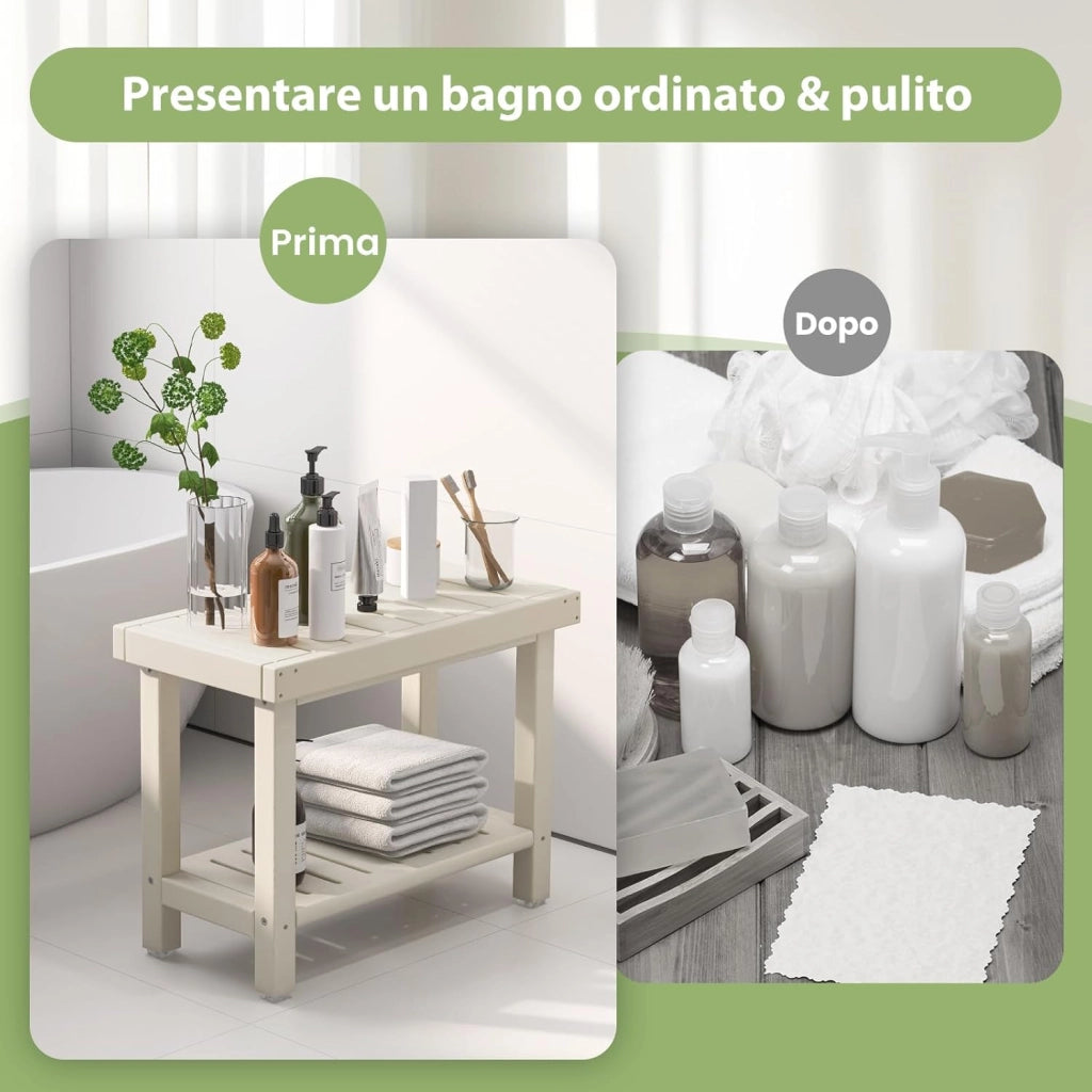 Sgabello da Doccia a 2 Livelli, Panca da Bagno Impermeabile con Piedini Antiscivoli, Design a Stecche, Sgabello Versatile con Carico 150 kg, 61 x 31 x 49 cm (Bianco)