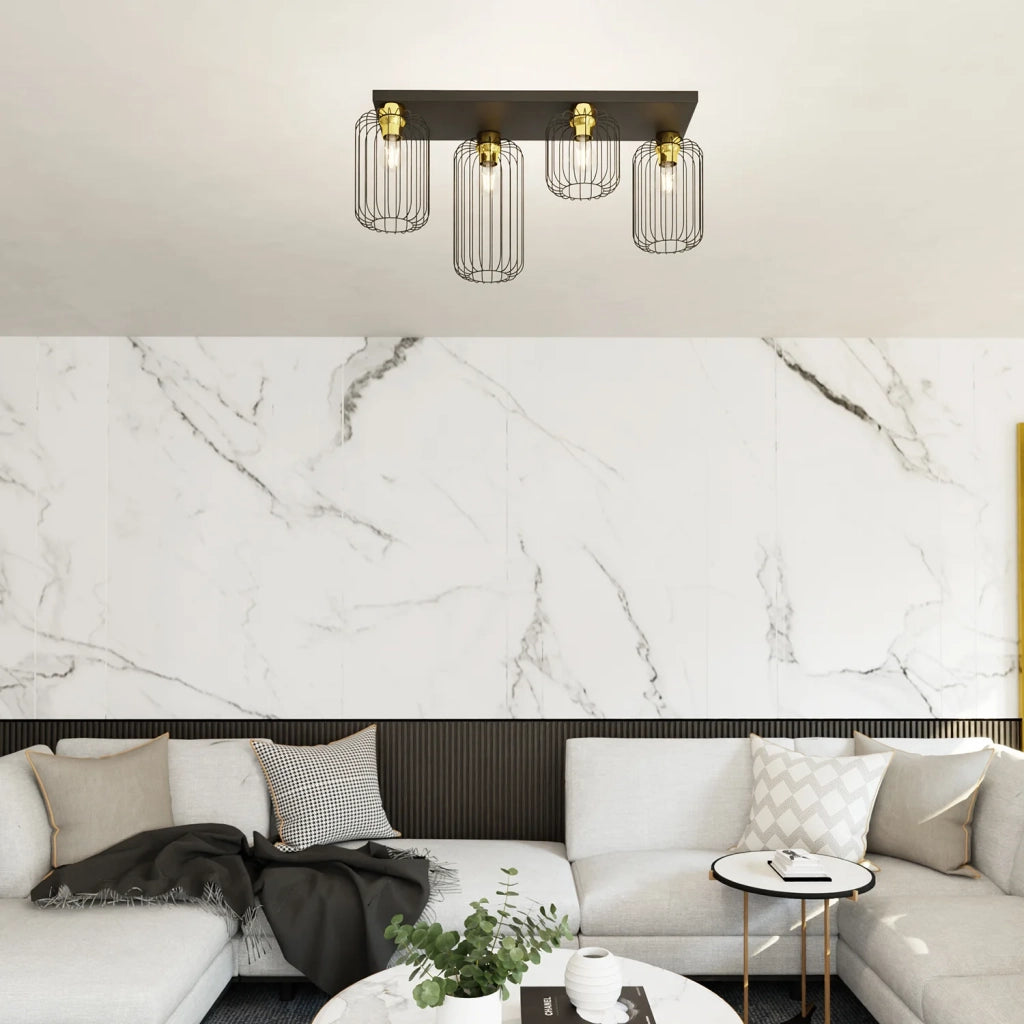 Plafonriera Minimal Industrial Vulcano 4 Luci Lineari Nera E Oro