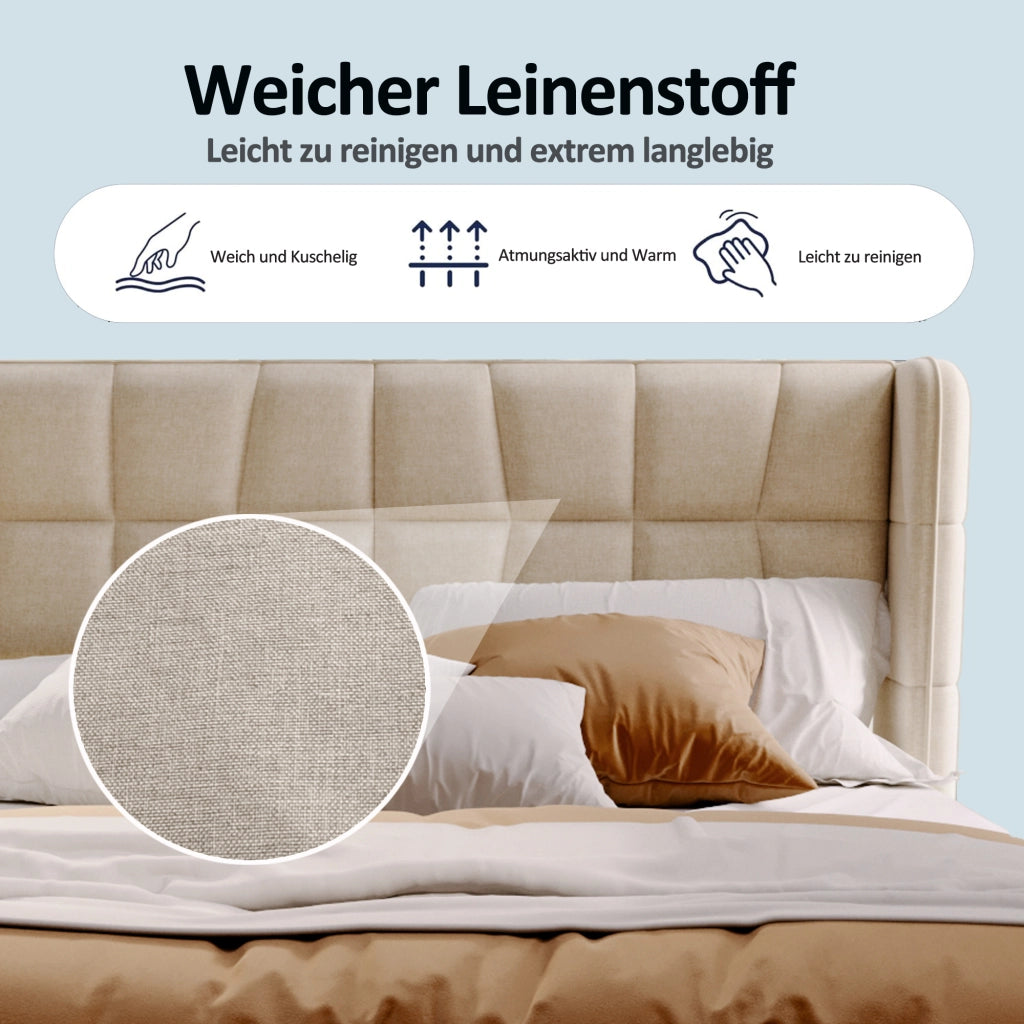 Letto contenitore 180 × 200 cm con sollevamento a gas, senza materasso, in tessuto effetto lino beige