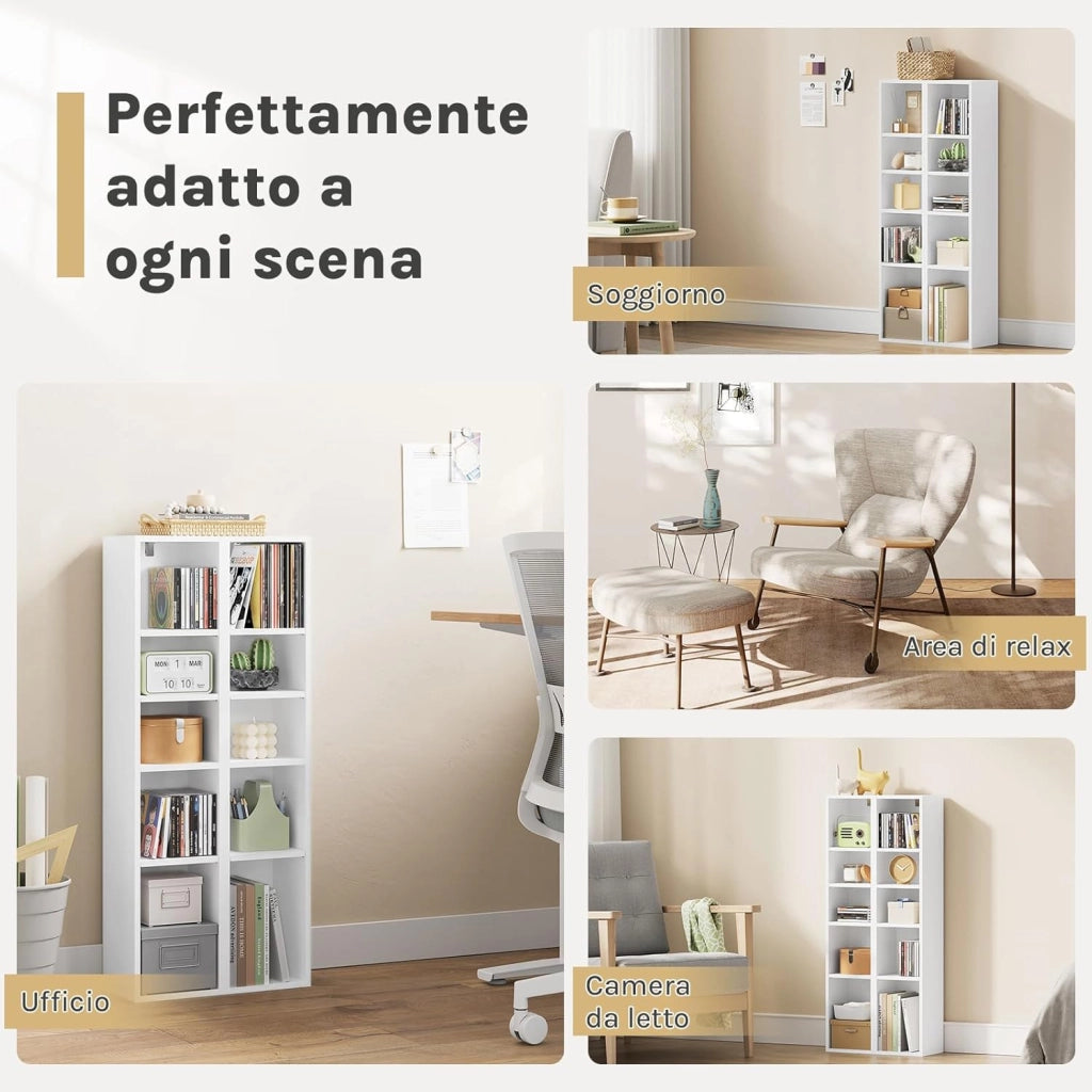 Porta CD a Colonna, Libreria Stretta e Alta con 10 Scomparti, Capacità Max. 160 CD, DVD, Libreria Verticale a Colonna da Terra, Bianco, SK063ws