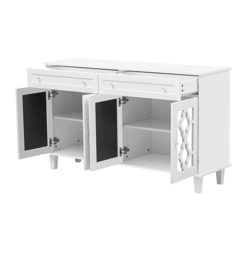 Credenza 140x40x83 cm con 4 ante a specchio; cassetti e ripiano regolabile; MDF bianco