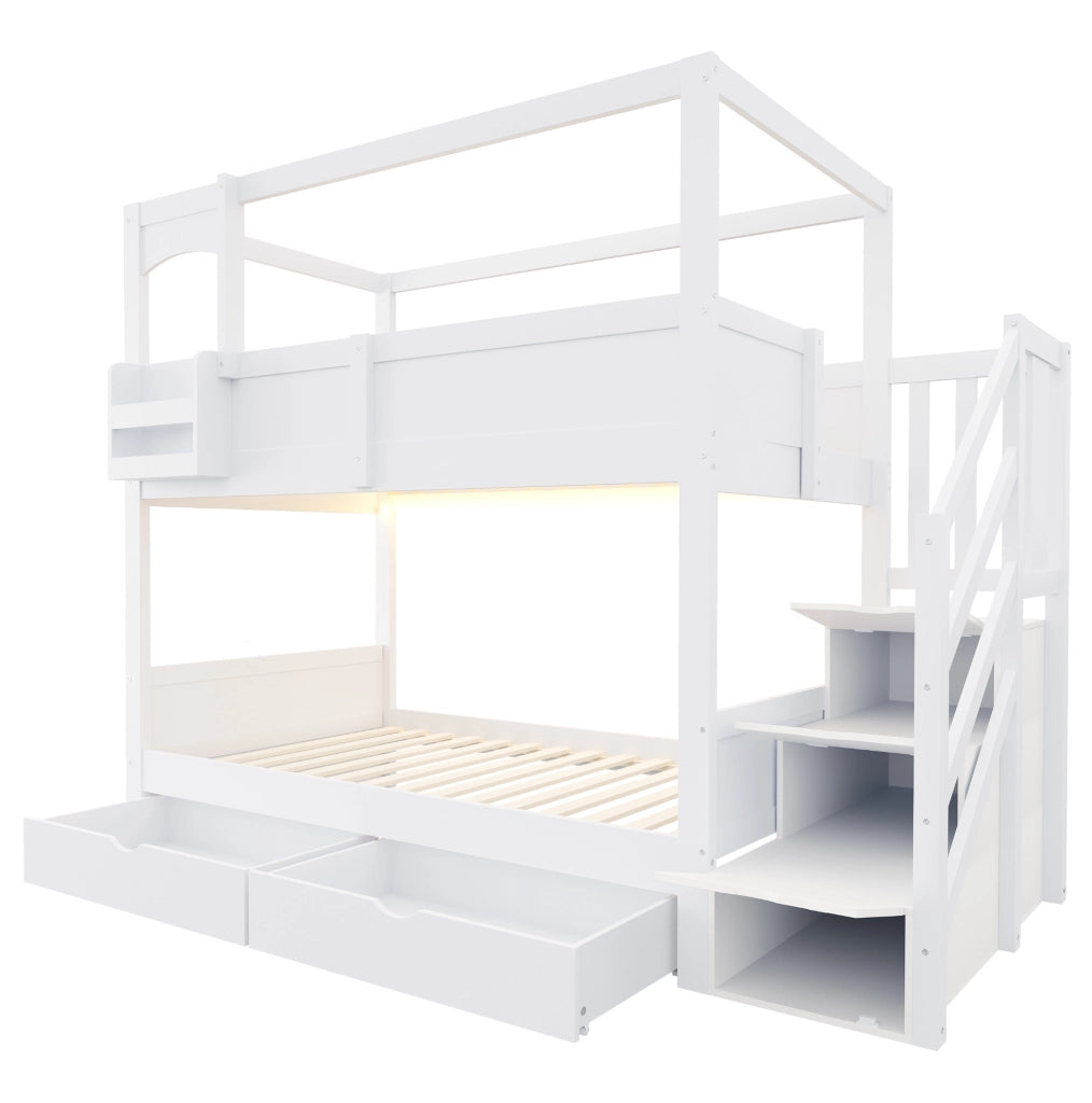 Letto a castello per bambini 90x200 cm in legno; design casetta; bianco; con 2 cassetti e scala contenitore