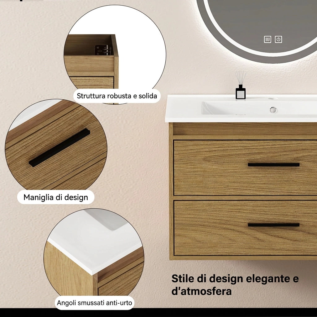 Mobile bagno con lavabo 75 cm; 2 cassetti; MDF e Ceramica; Rovere Chiaro