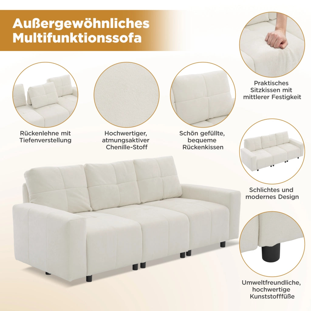 Divano modulare a 3 posti con funzione letto e schienale regolabile in ciniglia beige bianco 213 × 94 × 84 cm
