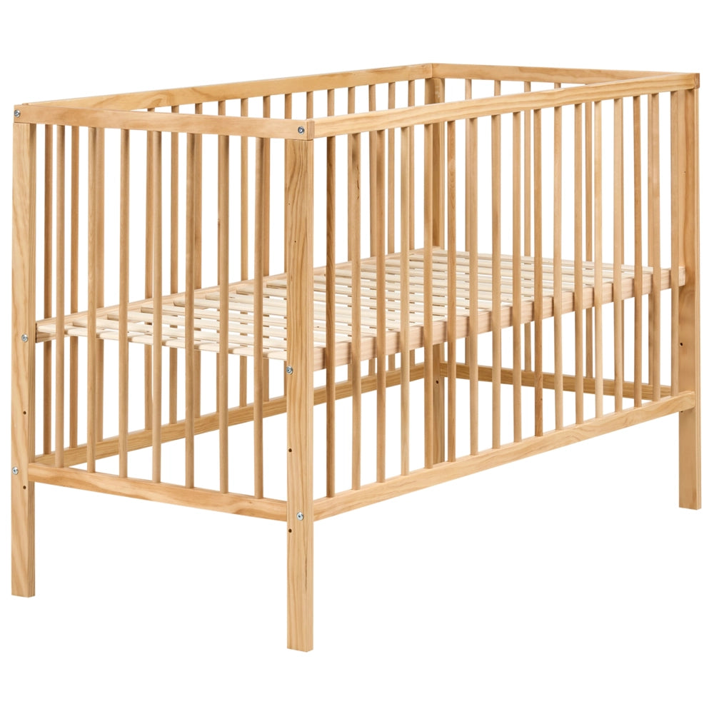 Lettino culla per neonati in legno di pino marrone chiaro 60 x 120 cm con barre regolabili in altezza Dimensioni standard