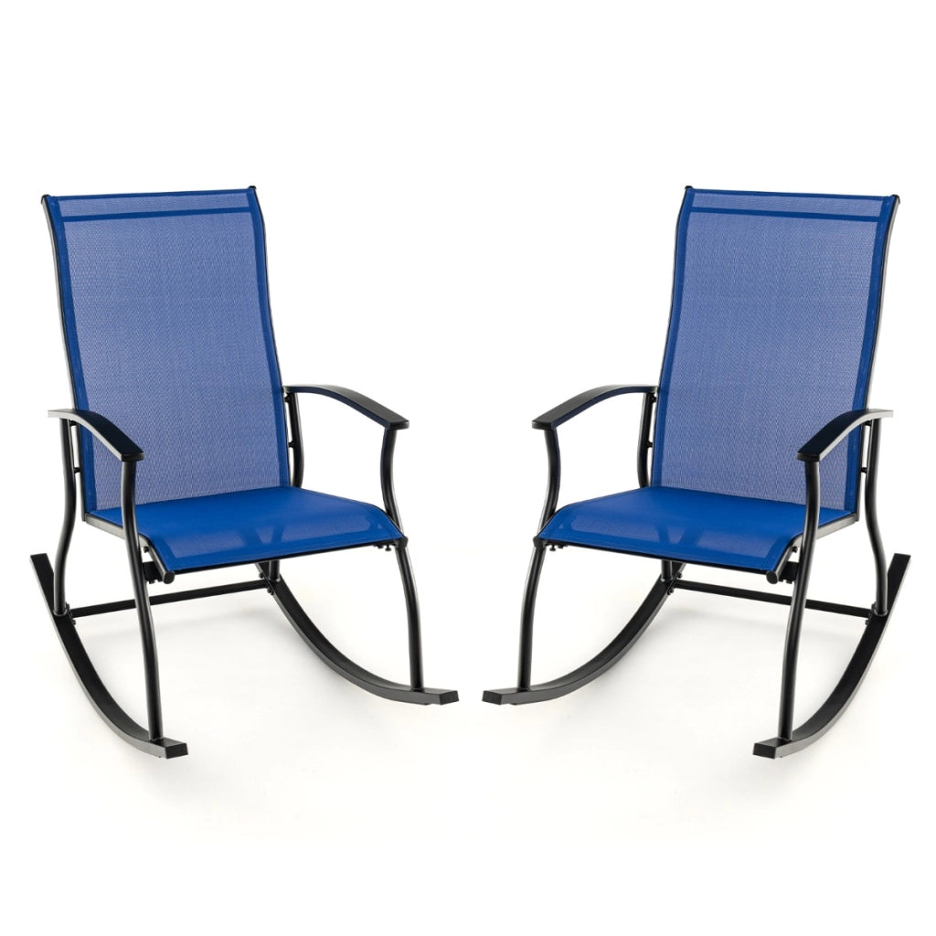 2 Sedie a dondolo da esterno con schienale traspirante telaio metallico, Sedie a dondolo per giardino Blu scuro-Poltrone e sdraio