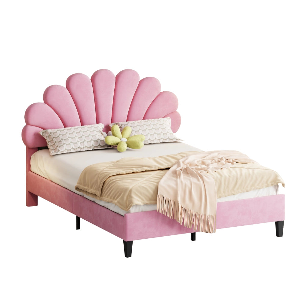 Letto matrimoniale imbottito 140x200 cm; testiera floreale; velluto rosa (Senza materasso)