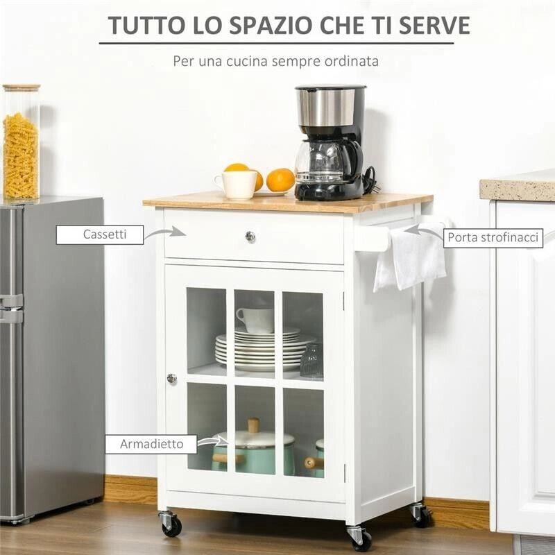 CARRELLO DA CUCINA CON CASSETTO E ANTA A VETRO 67X48X86.5 CM  BIANCO