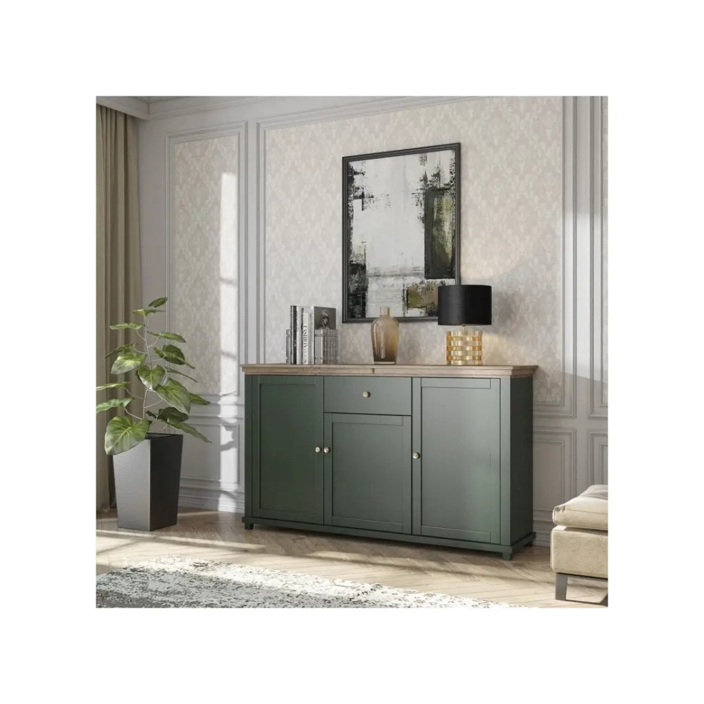 Buffet 160cm con 3 porte e un cassetto collezione ASSIA. Colori verde e rovere.