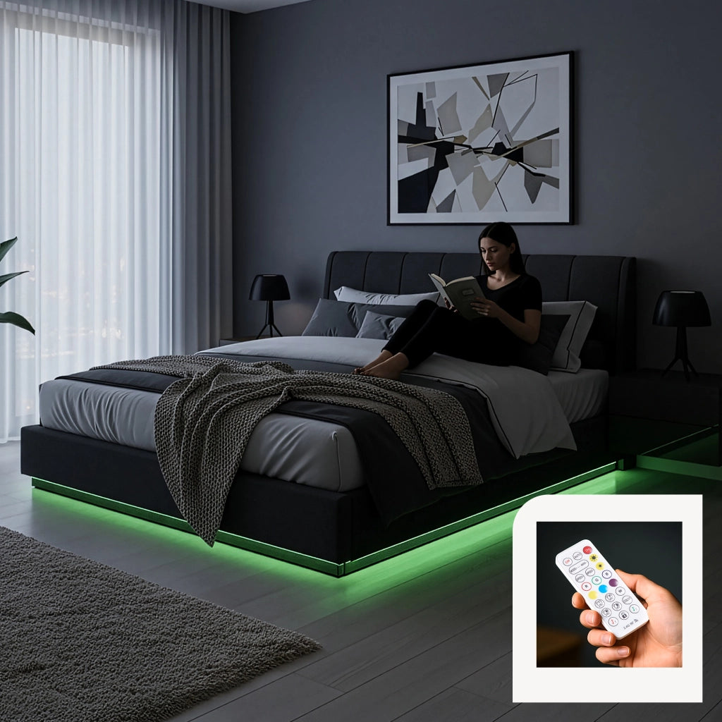 Letto Contenitore Tröstiar con Apertura a Ribalta e Luce LED Letto Doppio Matrimoniale 180x200 cm Nero [en.casa]