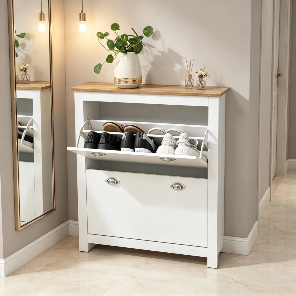 Scarpiera moderna bicolore in MDF E1 effetto rovere e bianco con doppio scomparto ribaltabile e ripiano superiore