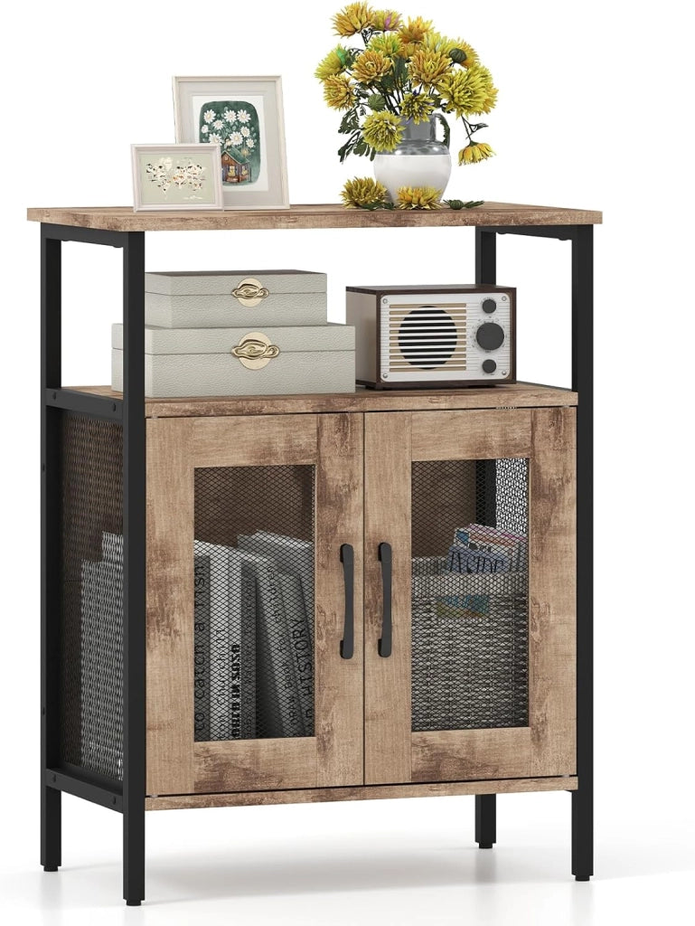 Cantinetta Porta Bottiglie da Vino, Credenza Industriale con 5 Portabottiglie Rimovibili, con Porta in Metallo a Rete Metallica, 60x34x79cm (Grigio)