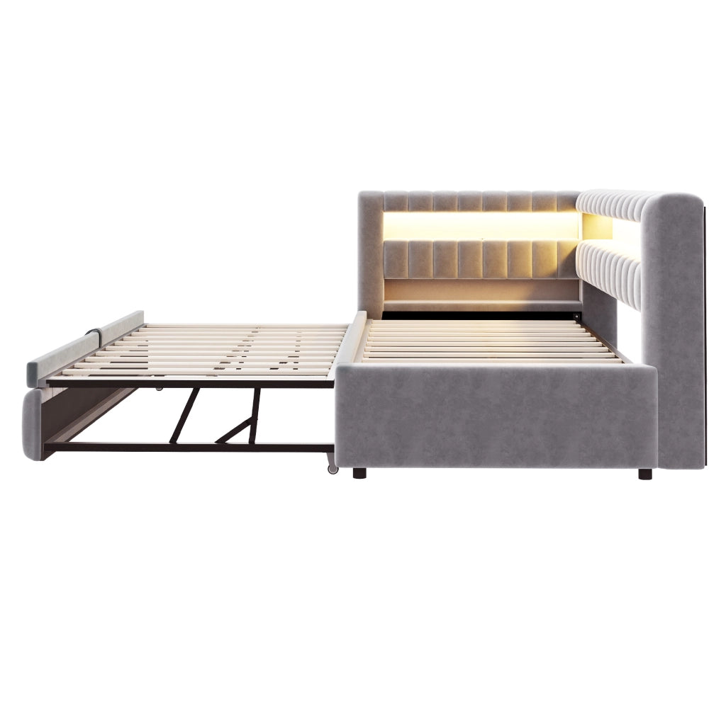 Divano letto estraibile 90x200 cm con LED, USB e vano portaoggetti