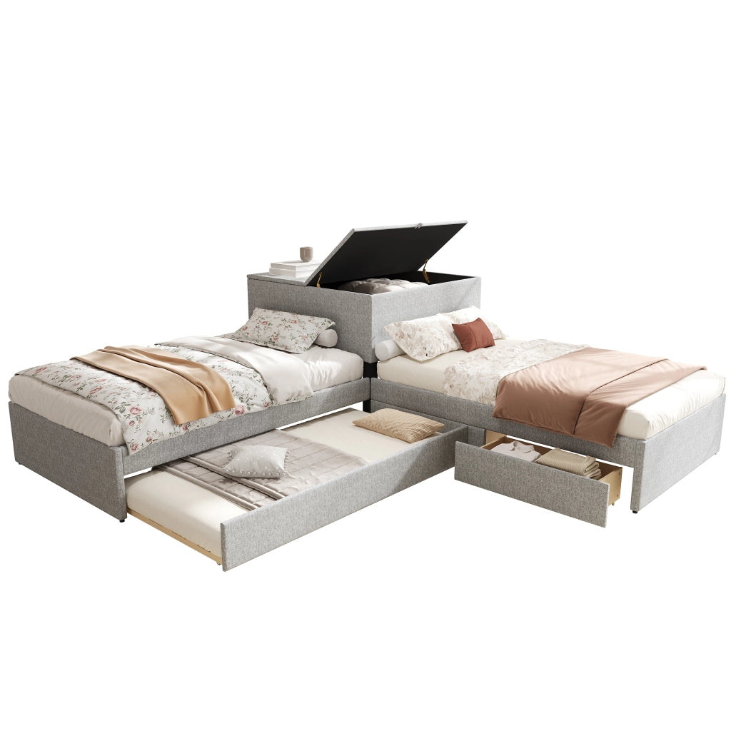 Letto Combinato 90x200 cm; Letto Singolo; Estraibile; con Contenitore e 2 Cassetti in Lino Grigio