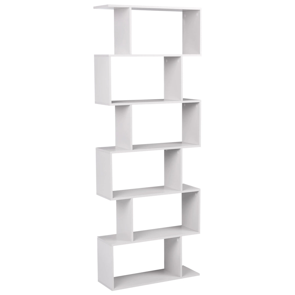 Libreria a 6 ripiani ripiani bianco sporc, struttura in truciolato retro aperto design irregolare mobile contenitore in stile minimalista