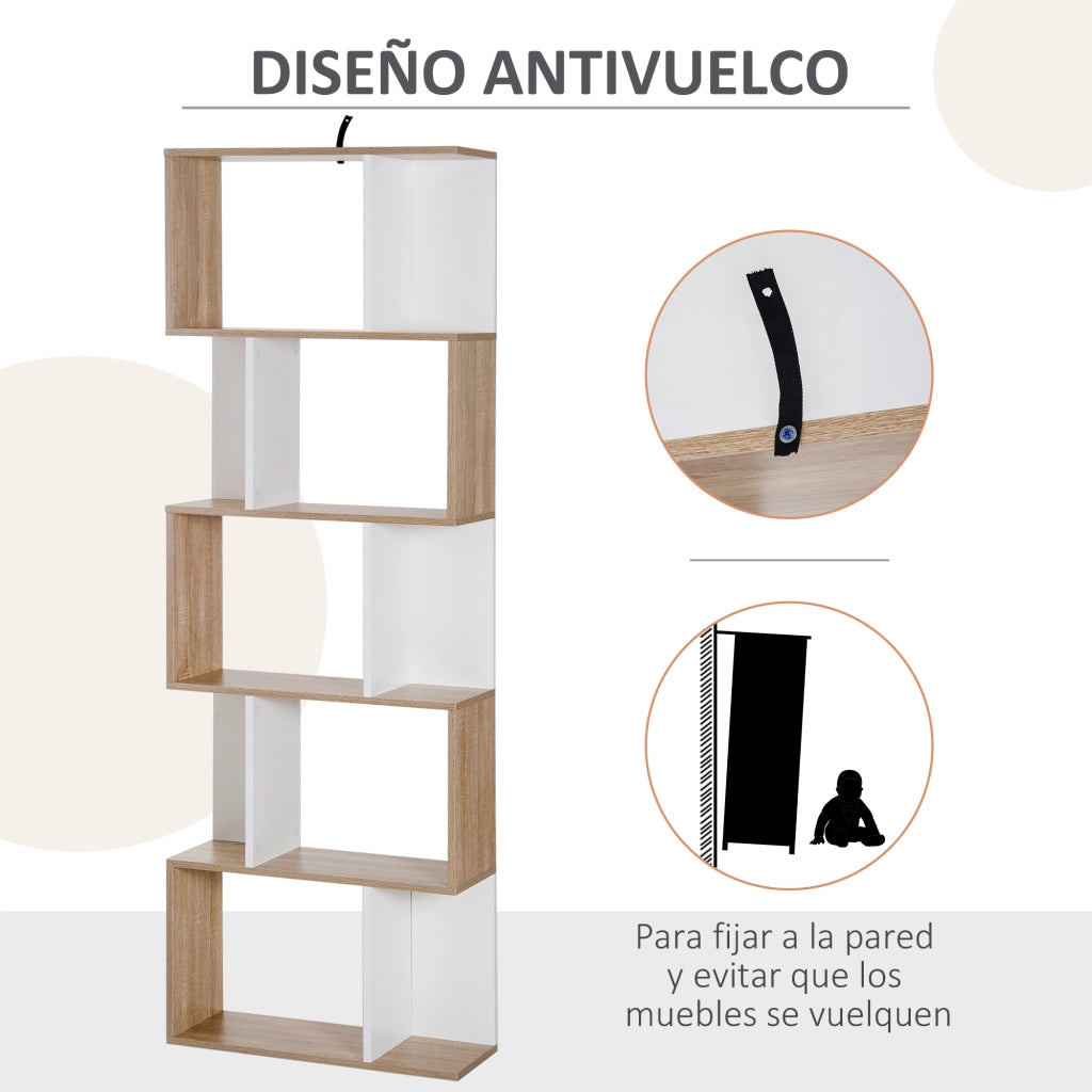 Libreria a S con 5 Ripiani ¨C Zephmum ¨C 60x24x184,5cm Bianco e Legno