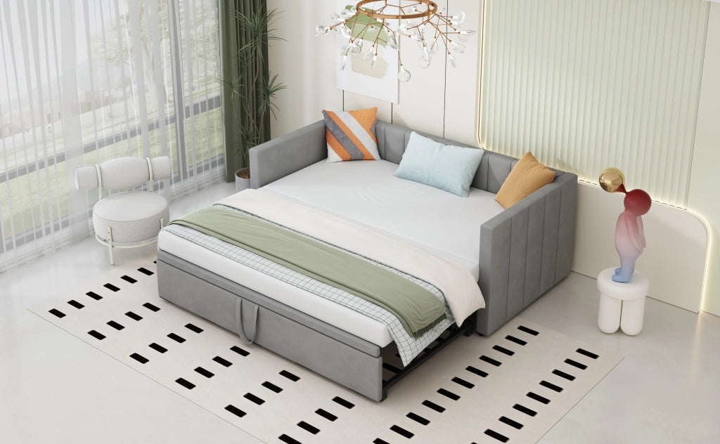 DESMIU Letto estraibile 90 × 200 cm e 180 × 200 cm 1 posto con rete, senza materasso, in velluto grigio