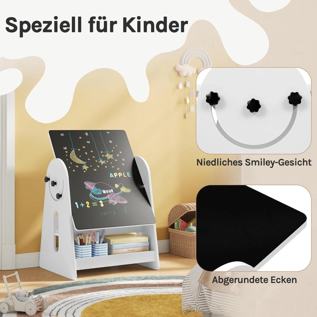 Set di Tavolo e Sedie per Bambini con Cavalletto, Tavolo con 2 Sedie per Bambini, Spazio di Archiviazione, Piano d'Appoggio Girevole, Bianco