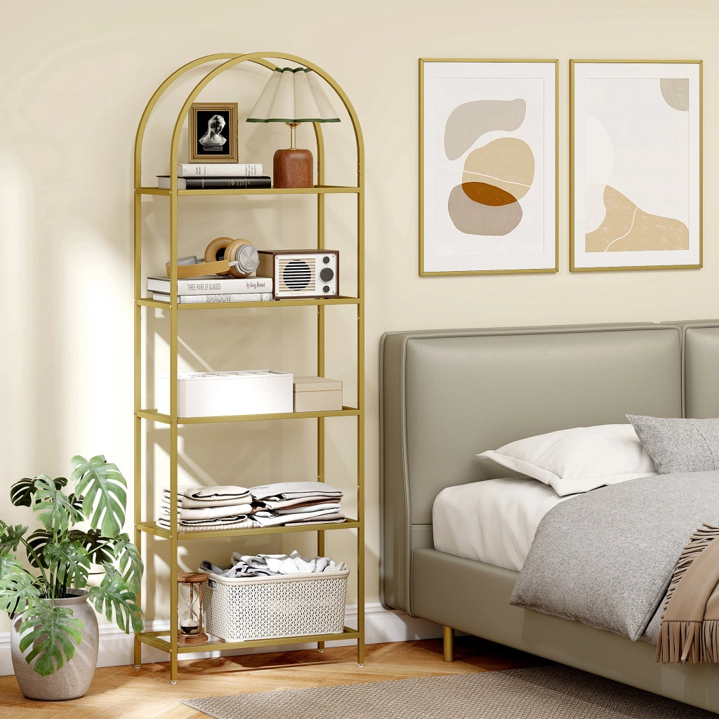 Libreria a 5 livelli in vetro arcuata ¨C zephmum ¨C dorato 60x30x175 cm