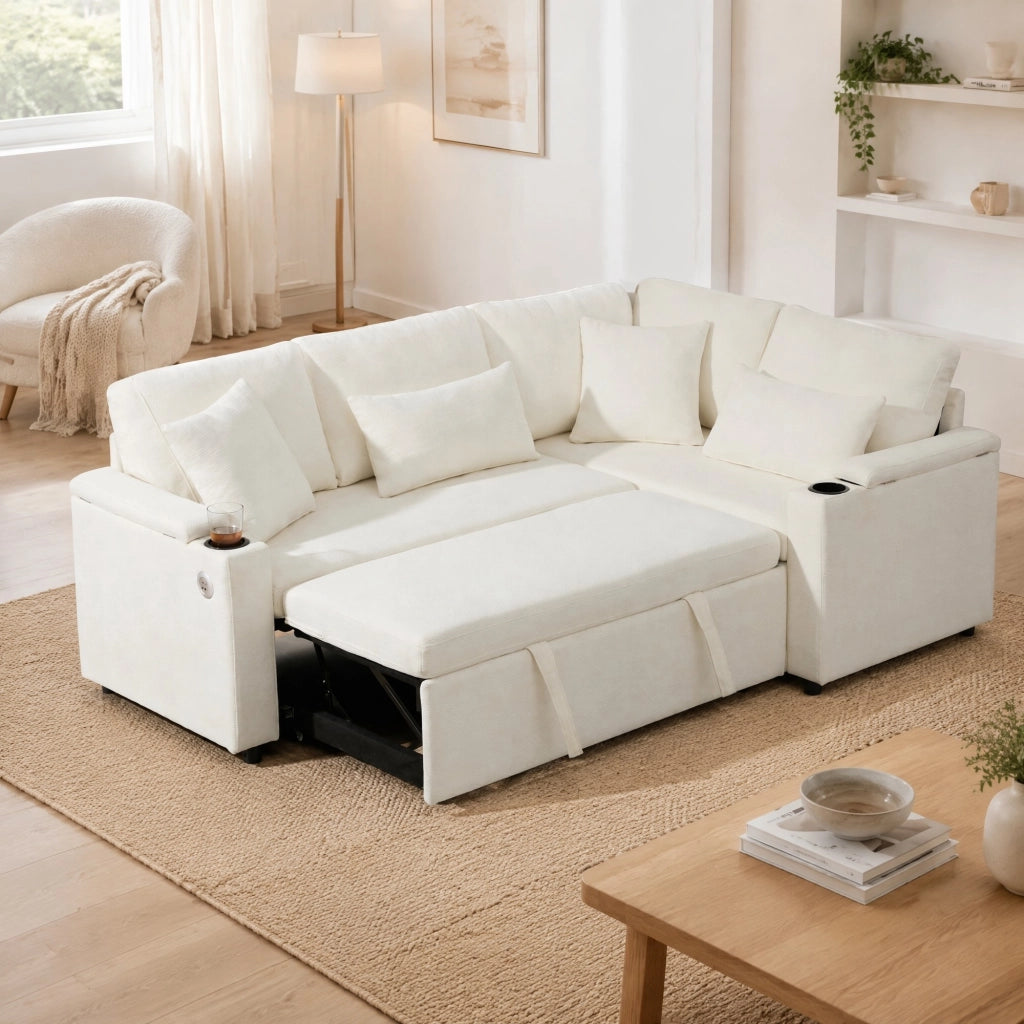 SOFÀ ANGOLARE Letto estraibile 206,5x141x86 cm Beige in ciniglia