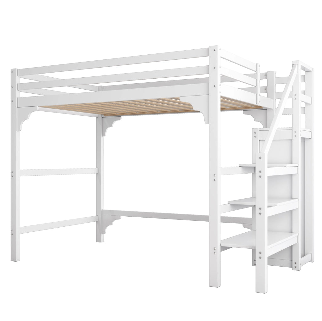 Letto a soppalco ULEVR 140x200 cm con armadio, scala contenitore e rete a doghe, bianco