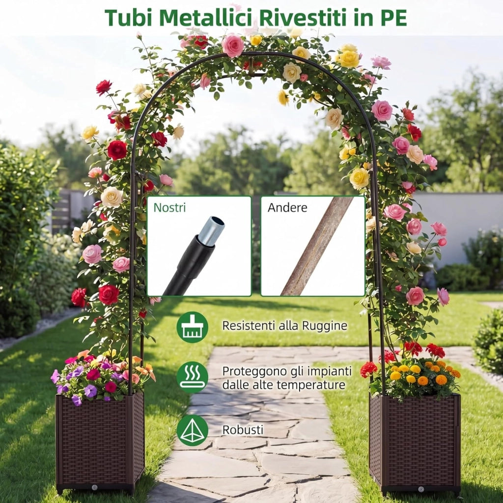 Arco per Piante Rampicanti da Giardino, Pergolato in Metallo con 2 Fioriere in PP e 4 Ruote Universali con Freni, Decorazione Esterno per Matrimonio e Festa, 203 x 40 x 230 cm