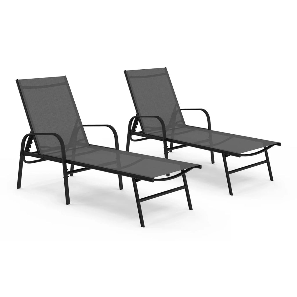 IDMarket - Set di 2 lettini da giardino reclinabili FIDJI in acciaio nero e tessuto grigio antracite
