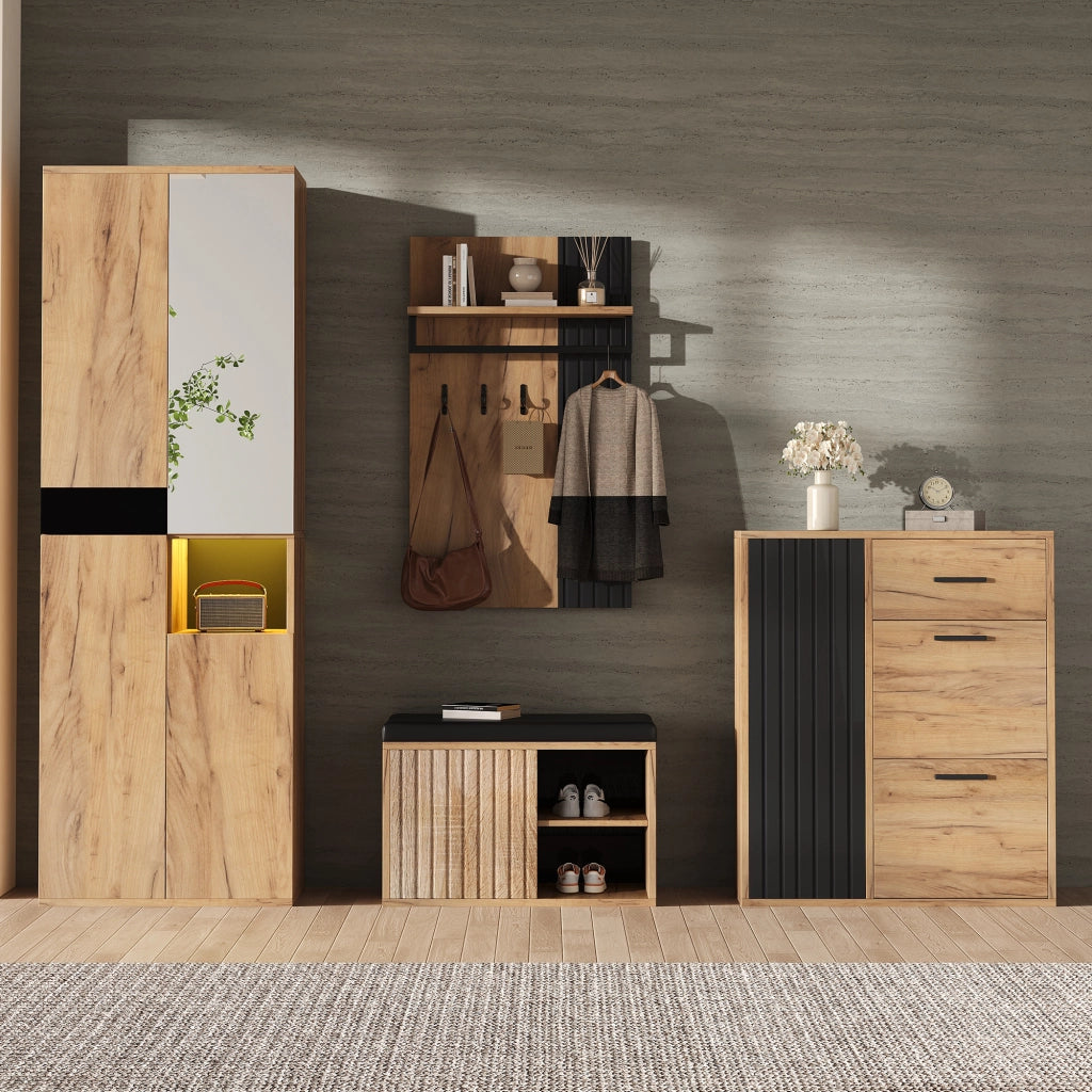 Mobili d'Ingresso con Armadio; Scarpiera; Panca e Appendiabiti; Specchio; Stile Moderno; in Pannello Truciolare; Naturale+Nero; 215×36×190 cm