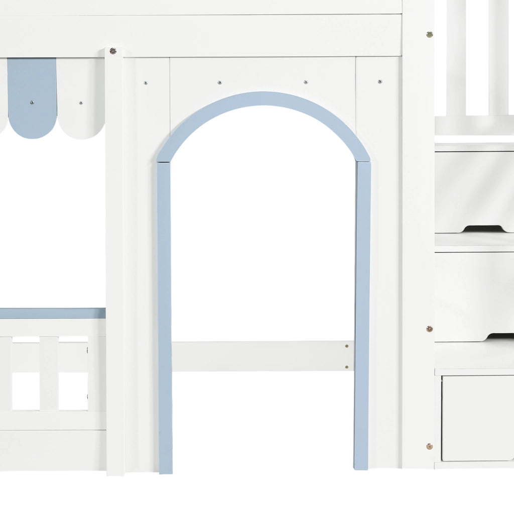 Letto a castello per bambini con armadio a gradini, struttura in pino e MDF, 90x200 cm, bianco e blu