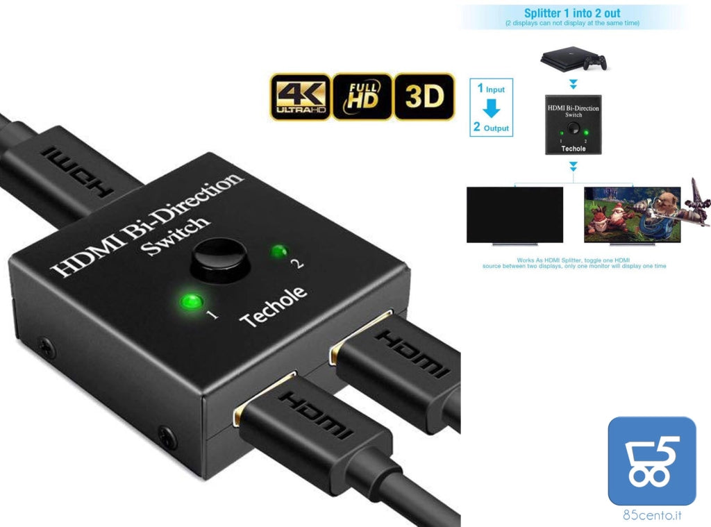 Switcher HDMI bidirezionale Techole 1 Ingresso HDMI femmina 2 Uscita HDMI femmina display singolo HS303
