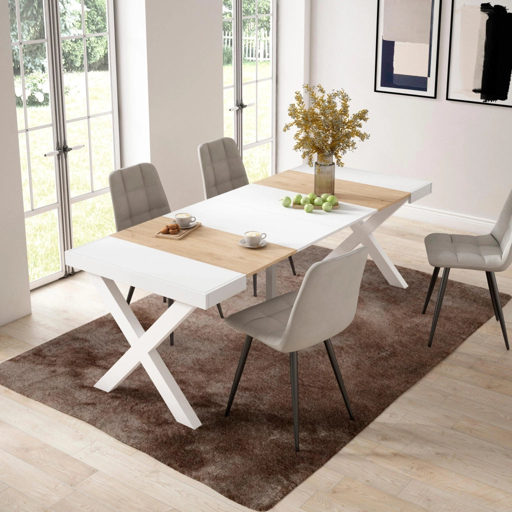 Consolle allungabile, 58 fino 222x90x73cm, Per 10 persone, Gambe in legno, colore Rovere e bianco RF2837
