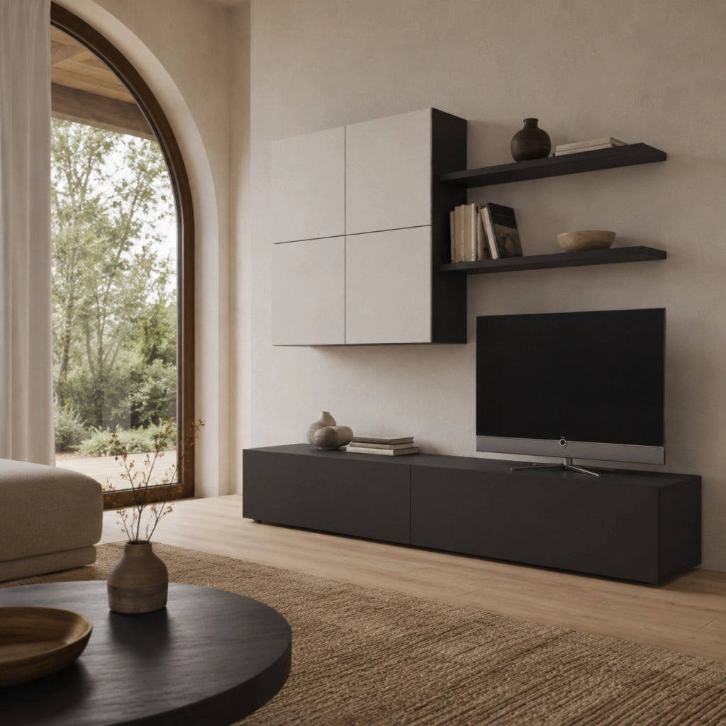 Mobile Soggiorno Parete Attrezzata Con Base TV 2 Ante Pensile 4 Ante E 2 Mensole Design Contemporaneo In Melaminico Facile Da Pulire 200 X 194 X 40 Cm Bianco E Grigio Grafite