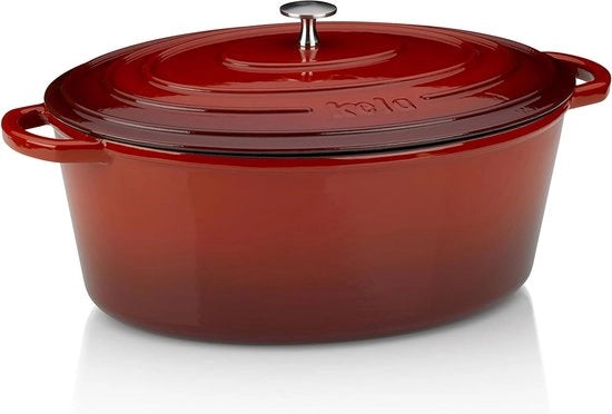Piastra per cottura con coperchio, in ghisa, rivestimento email, alta capacità di conservazione del calore, adatta per induzione, 9,5 L, rosso, ovoidale, caldo.
