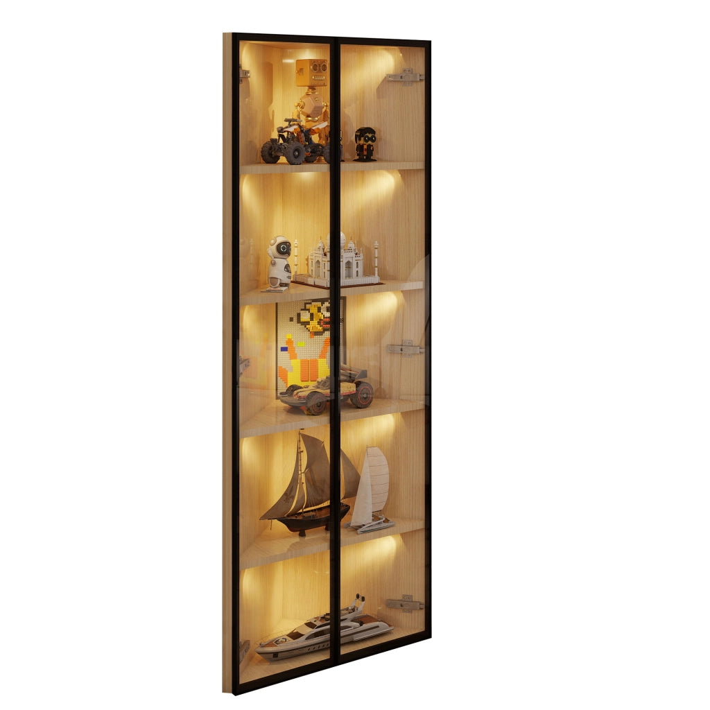 OKWISH Vetrina ad Angolo con 1 Anta, LED su Ogni Ripiano e Cerniere Ammortizzate, per Soggiorno, MDF, Rovere, 62 x 35 x 160 cm