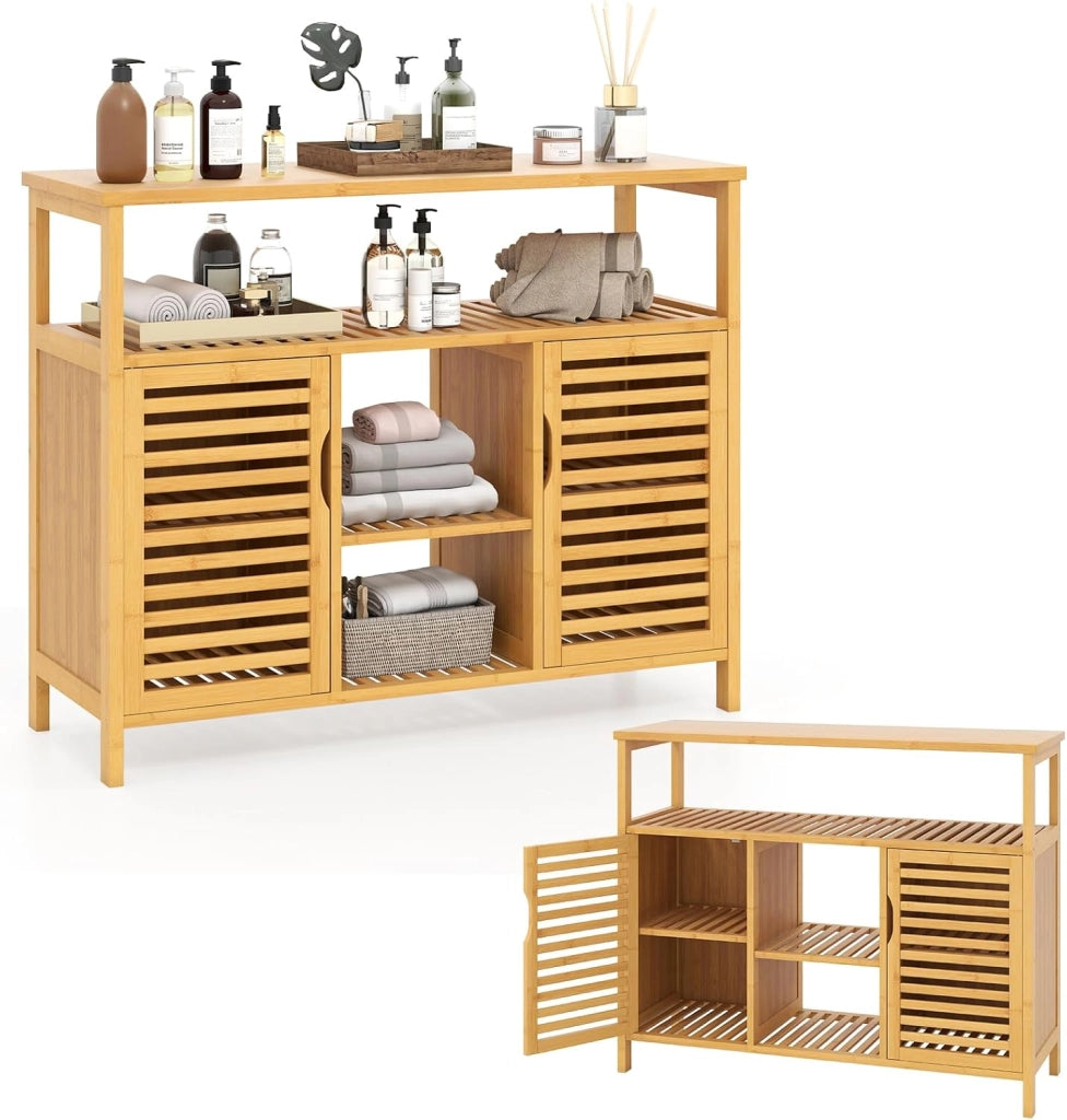 Credenza Cucina in Bambù, Mobile da Bagno con Ripiani Aperti e 2 Porte, Armadio a Buffet a Doghe per Soggiorno, Sala da Pranzo, 100 x 35 x 80 cm, Naturale